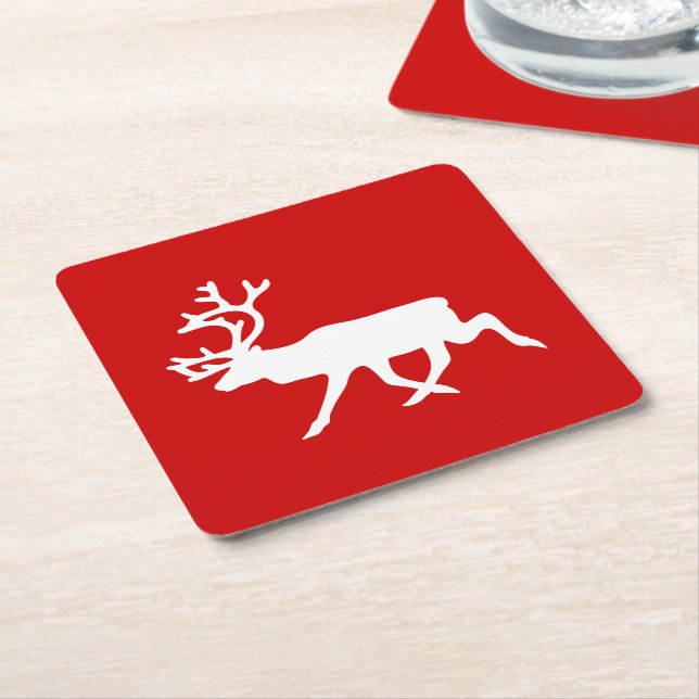 White Reindeer / Caribou Silhouette Square Paper Coaster (Angled)