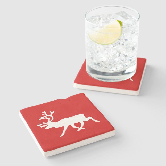 White Reindeer / Caribou Silhouette Stone Coaster (Side)