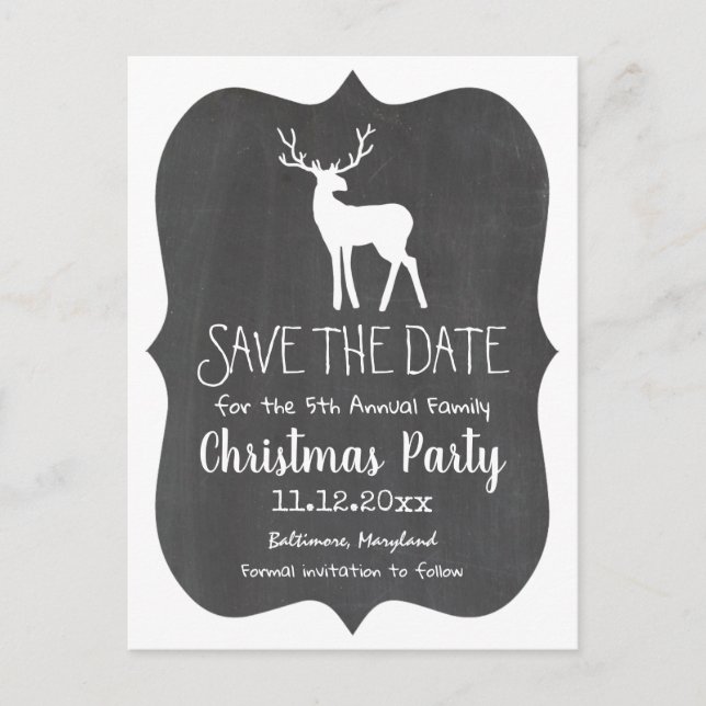 White Reindeer Chalkboard Annual Christmas Party Announcement Postcard (Front)