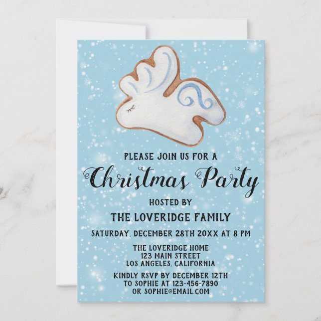 White Reindeer Cookie Snow Holiday Christmas Party Invitation (Front)