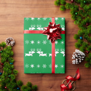 White Reindeer Dachshund with Snowflakes on Green Wrapping Paper