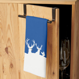 White Reindeer Family Deer Snow Christmas Kitchen Tea Towel