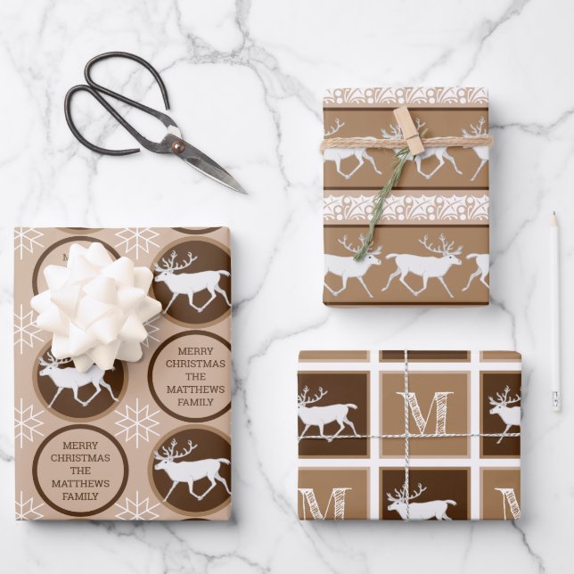 White Reindeer Neutral Colors Christmas Set Wrapping Paper Sheet (Front)