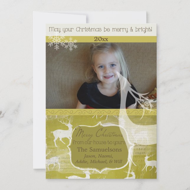 White Reindeer on Green Photo Holiday Card (Front)