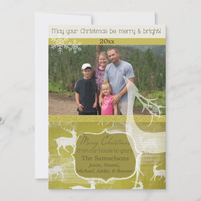White Reindeer on Green Photo Holiday Card (Front)