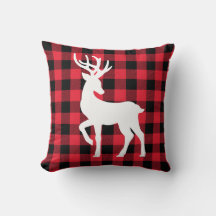 White Reindeer on Red Buffalo Check Throw Pillow
