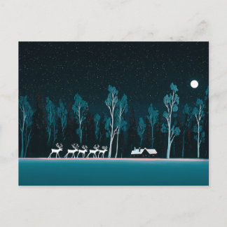 White Reindeer, Snowy Cabin, Moonlit Night Holiday Postcard