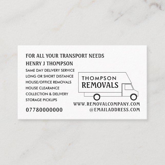 White Removal Van, Removal Company Business Card (Front)