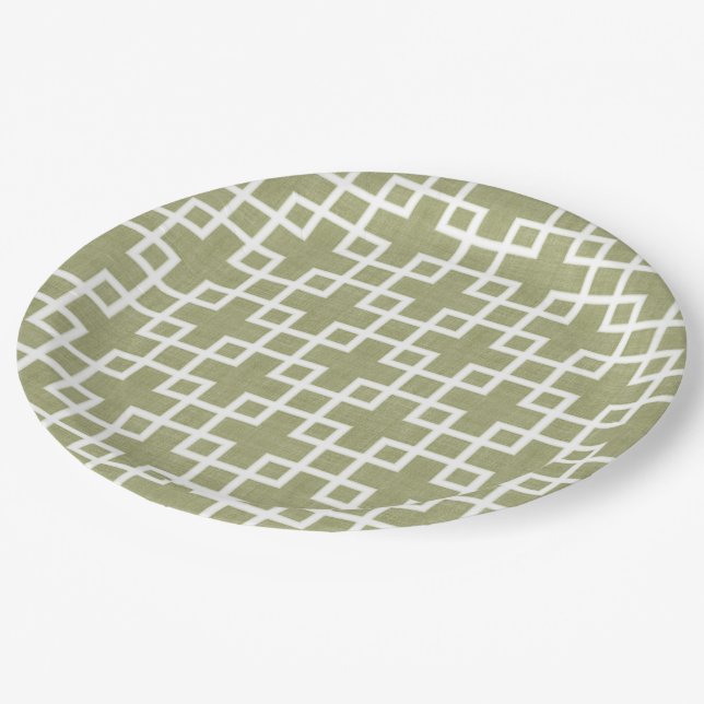 White Retro Chic Squares Pattern On Olive Green Paper Plate (Angled)