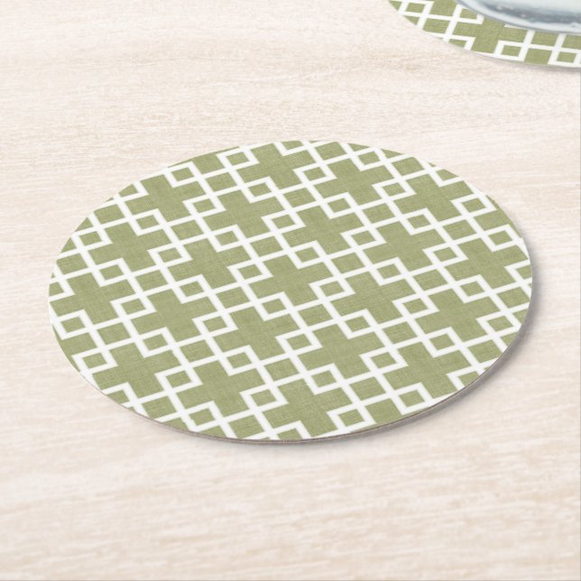 White Retro Chic Squares Pattern On Olive Green Round Paper Coaster (Angled)