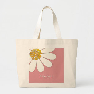 White Retro Daisy Flower Personalise Name   Large Tote Bag