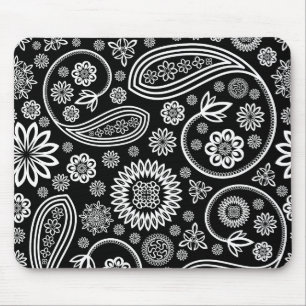 White Retro Floral Design On Black Mouse Mat