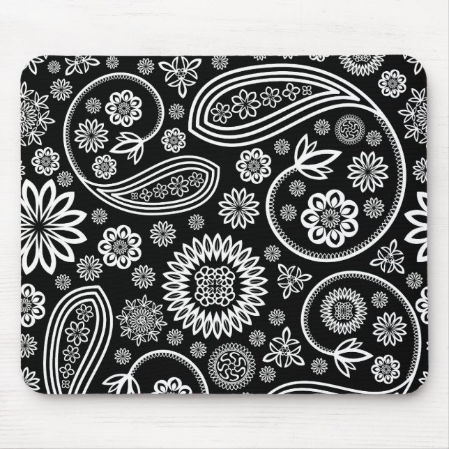 White Retro Floral Design On Black Mouse Mat (Front)