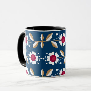 White retro flowers on a dark blue background Mug