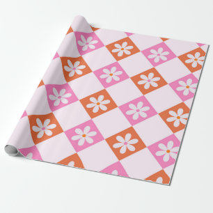 White Retro Flowers on Orange and Pink Diamonds  Wrapping Paper