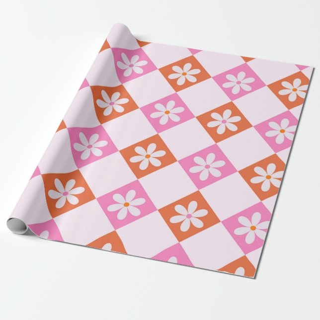 White Retro Flowers on Orange and Pink Diamonds  Wrapping Paper (Unrolled)