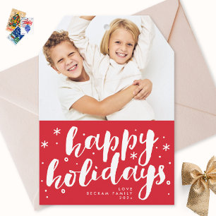 White Retro Happy Holidays Red Tag Photo Holiday Card