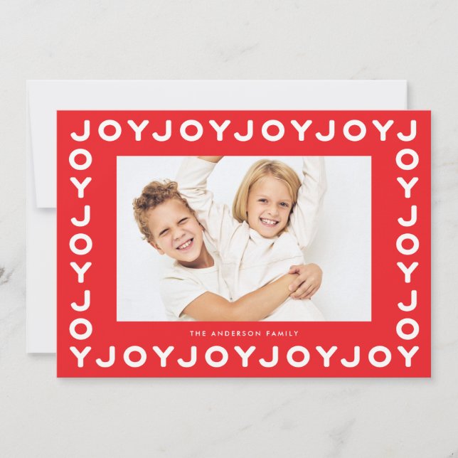 White Retro Joy Joy Joy Red Frame Christmas Photo Holiday Card (Front)