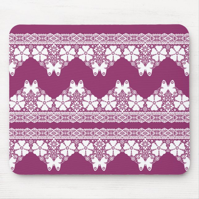 White Retro Lace  butterflies Burgundy Mouse Mat (Front)
