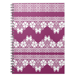 White Retro Lace  butterflies Burgundy Notebook