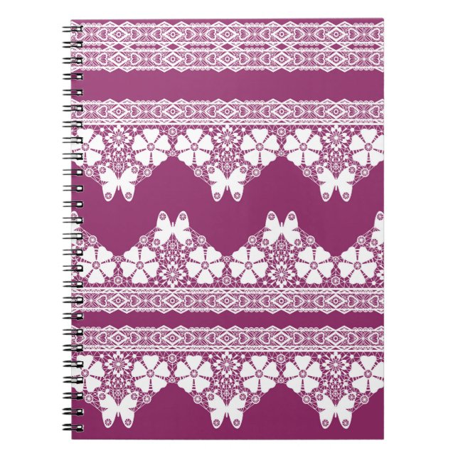 White Retro Lace  butterflies Burgundy Notebook (Front)
