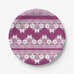 White Retro Lace  butterflies Burgundy Paper Plate