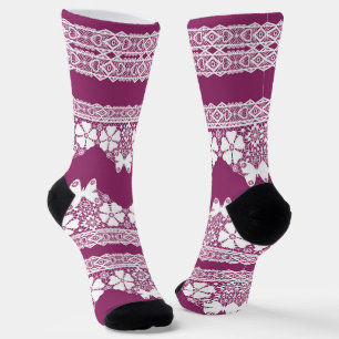 White Retro Lace butterflies Burgundy Socks