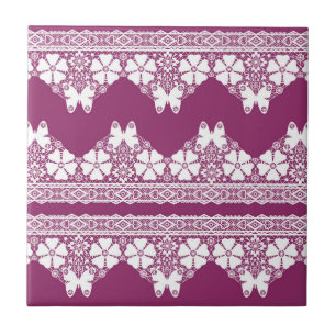 White Retro Lace  butterflies Burgundy Tile