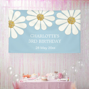 White Retro Modern Daisy Flower Custom Birthday   Banner