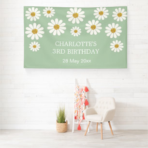 White Retro Modern Daisy Flower Custom Birthday   Banner