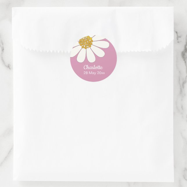 White Retro Modern Daisy Flower Custom Birthday   Classic Round Sticker (Bag)
