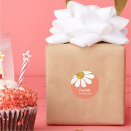 White Retro Modern Daisy Flower Custom Birthday Classic Round Sticker