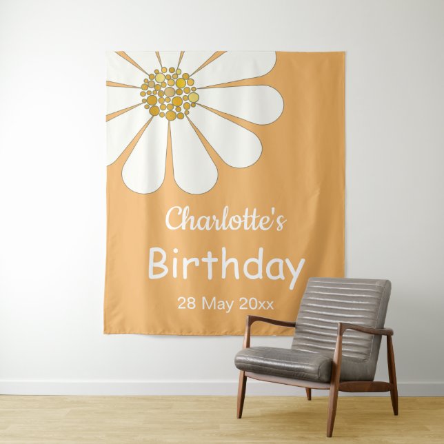 White Retro Modern Daisy Flower Custom Birthday    Tapestry (In Situ)