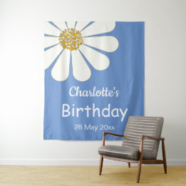 White Retro Modern Daisy Flower Custom Birthday Tapestry