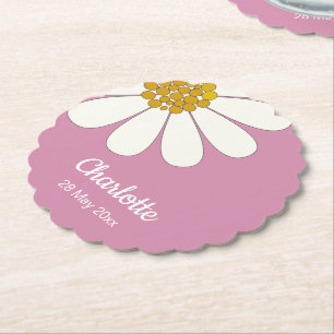 White Retro Modern Daisy Flower Custom Name Paper Coaster