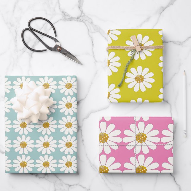 White Retro Modern Daisy Flower Pattern Custom  Wrapping Paper Sheet (Front)