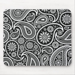 White Retro Paisley Pattern Design On Black Mouse Mat