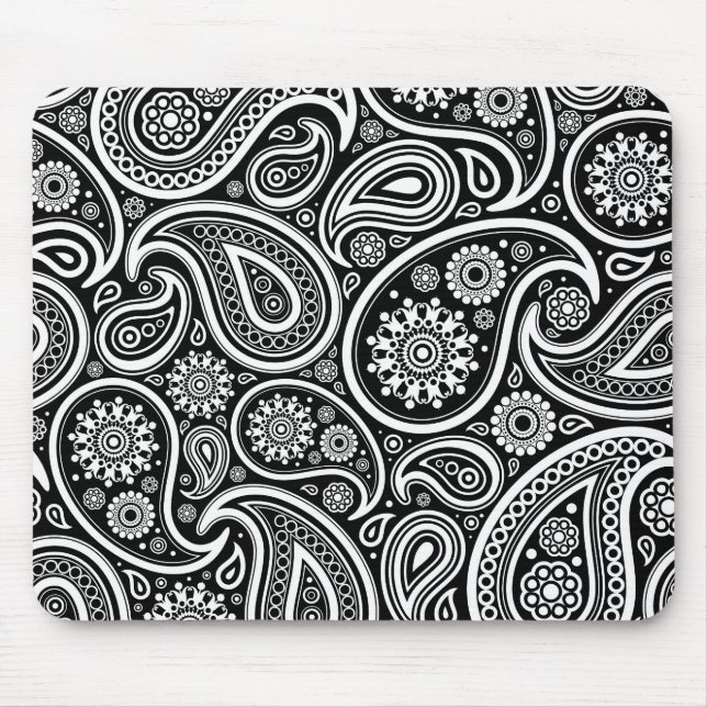 White Retro Paisley Pattern Design On Black Mouse Mat (Front)