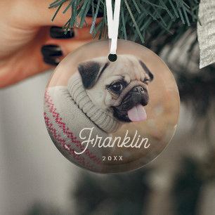White Retro Script Pet Photo & Year Glass Tree Decoration