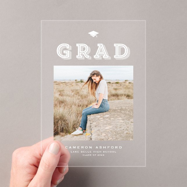 White Retro Typography Photo Graduation Acrylic Invitations (Insitu (Handheld))