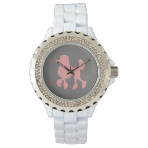 White Rhinestone Pink Poodle Women's Watch