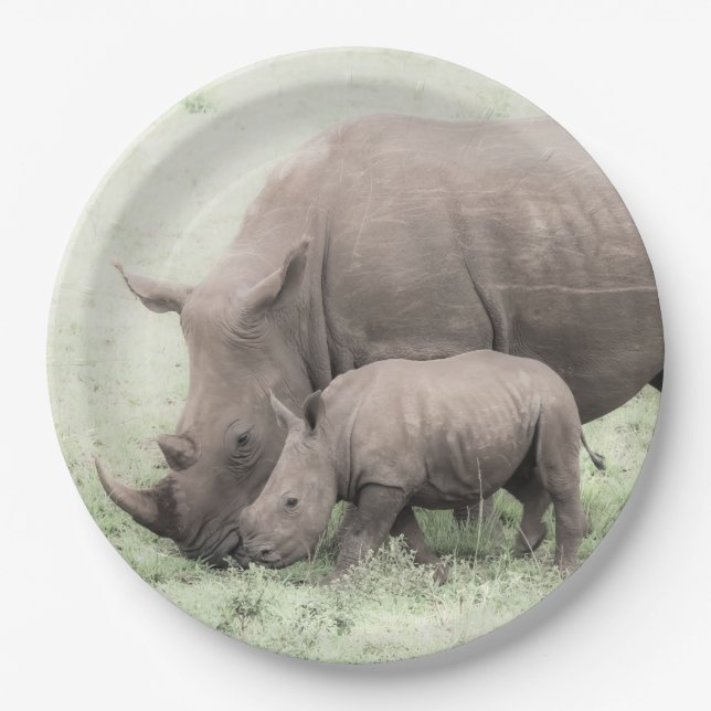 White Rhino & Baby Paper Plates (Front)