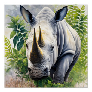 White Rhino Botanical Painting Poster