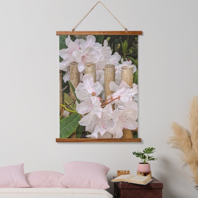 White Rhododendron and Bamboo Fence Floral Hanging Tapestry (Bedroom)