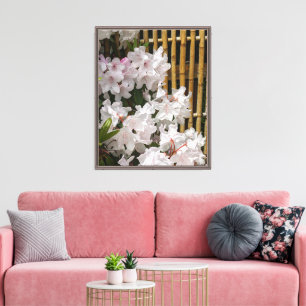 White Rhododendron Blooms and Bamboo Fence Floral Canvas Print