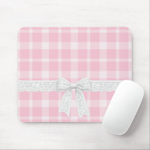 White Ribbon and Bow on Pink Plaid Mouse Mat