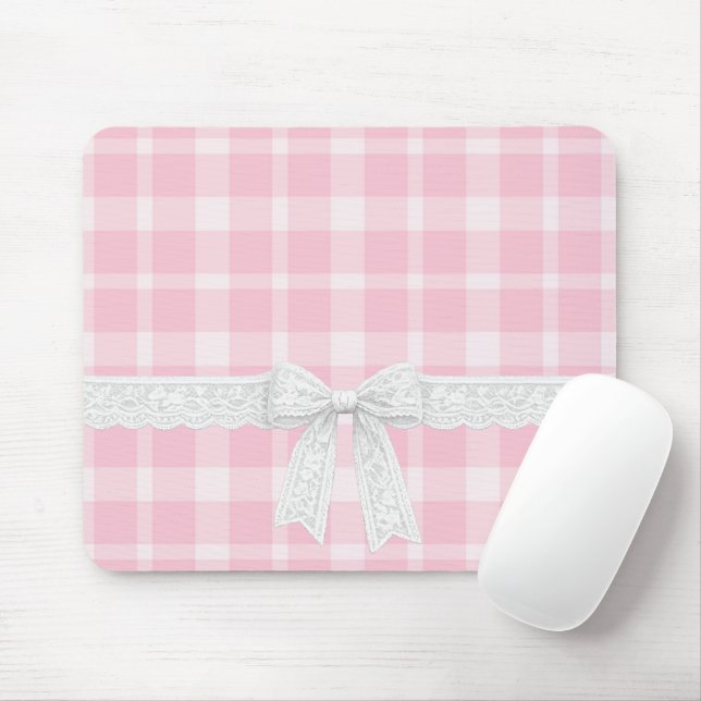 White Ribbon and Bow on Pink Plaid Mouse Mat (With Mouse)