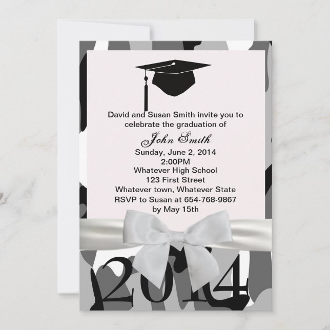 White Ribbon And Grey Camo Graduation Invitation (Front)