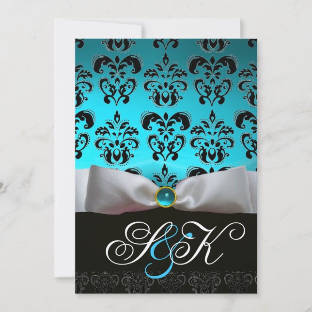WHITE RIBBON AQUA BLUE BLACK DAMASK MONOGRAM INVITATION (Front)