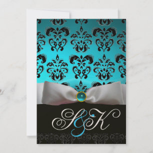 WHITE RIBBON AQUA BLUE BLACK DAMASK MONOGRAM INVITATION
